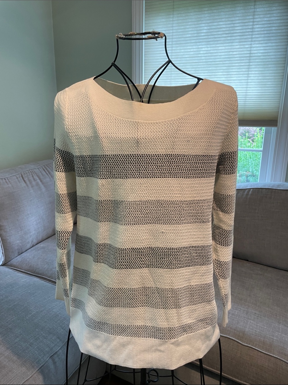 Market & Spruce Striped Open-Knit Crewneck Sweater - Cream & Gray